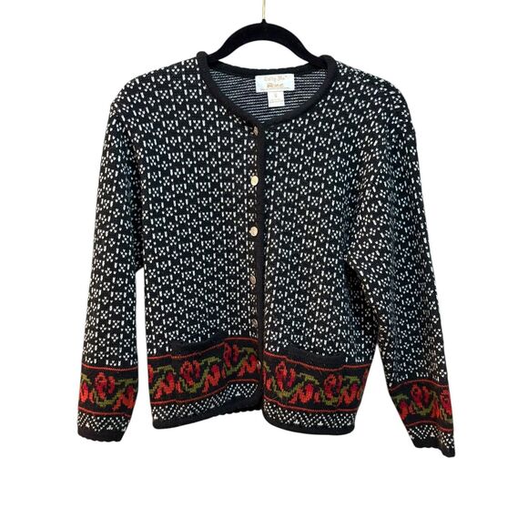 Tally Ho Sweaters - Vintage Tally Ho Sweater Womens Small Black Knit Floral Border Cardigan 90s